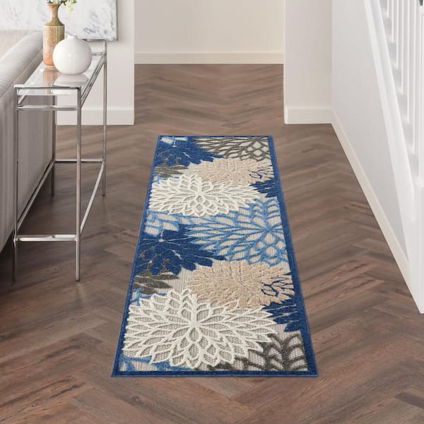 Aloha Blue/Multicolor 2 ft. x 6 ft. Kitchen Runner Floral Modern Indoor/Outdoor Patio Area Rug