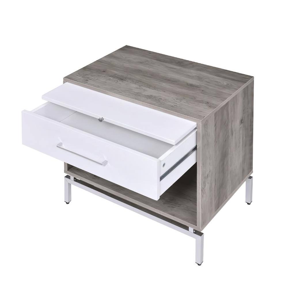 Weathered Gray Oak & White Metal Accent Table with Storage