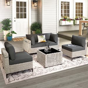 Apollo 5-Piece Wicker Outdoor Patio Conversation Seating Set with Black Cushions