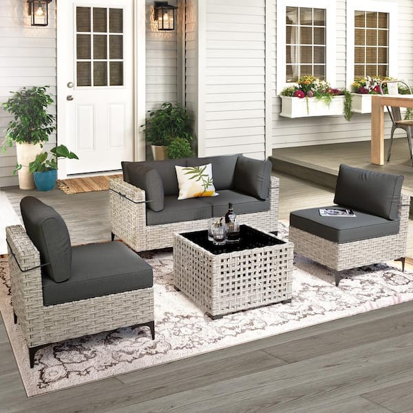 XIZZI Apollo 5-Piece Wicker Outdoor Patio Conversation Seating Set with Black Cushions