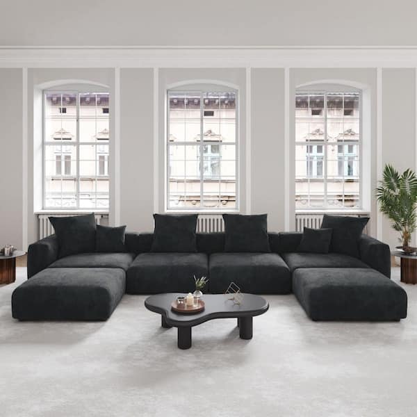 Magic Home Modern 181 in. Square Arm 6-piece Corduroy ModularCombination Sectional Sofa Large U-shaped Floor Couch in. Black