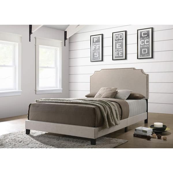 Tamarac Beige Wood Frame Full Panel Bed with Nailhead Trim