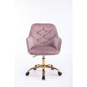 Pink Velvet Upholstered Swivel Homeoffice Height Adjustable Task Chair with Gold Base and 360° Castor Wheels