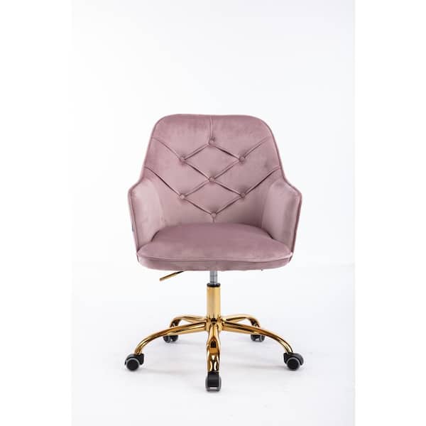 HOMEFUN Pink Velvet Upholstered Swivel Homeoffice Height Adjustable Task Chair with Gold Base and 360° Castor Wheels