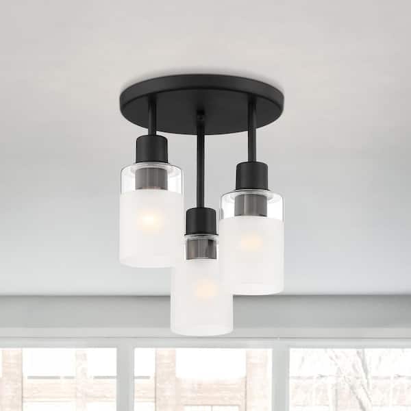 Cedar Lane 11 in. 3-Light Matte Black Modern Entryway Semi-Flush Mount with Clear Glass Shade