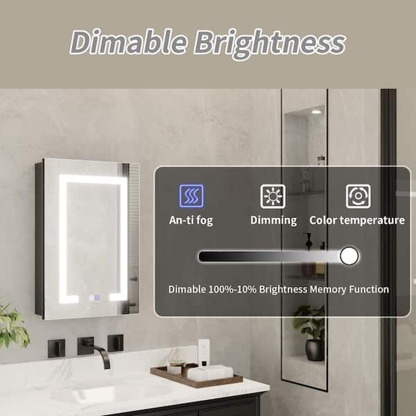 ExBrite 16 in. W x 24 in. H Rectangular Silver Aluminum Recessed/Surface Mount Right Dimmable Medicine Cabinet with Mirror LED