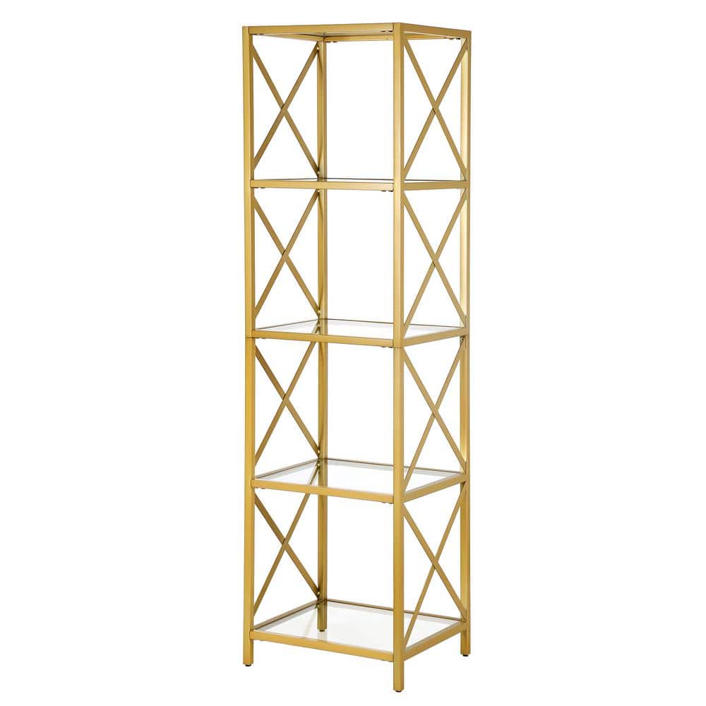 Modern Geometric 66" Brass Steel Bookcase with Tempered Glass Shelves
