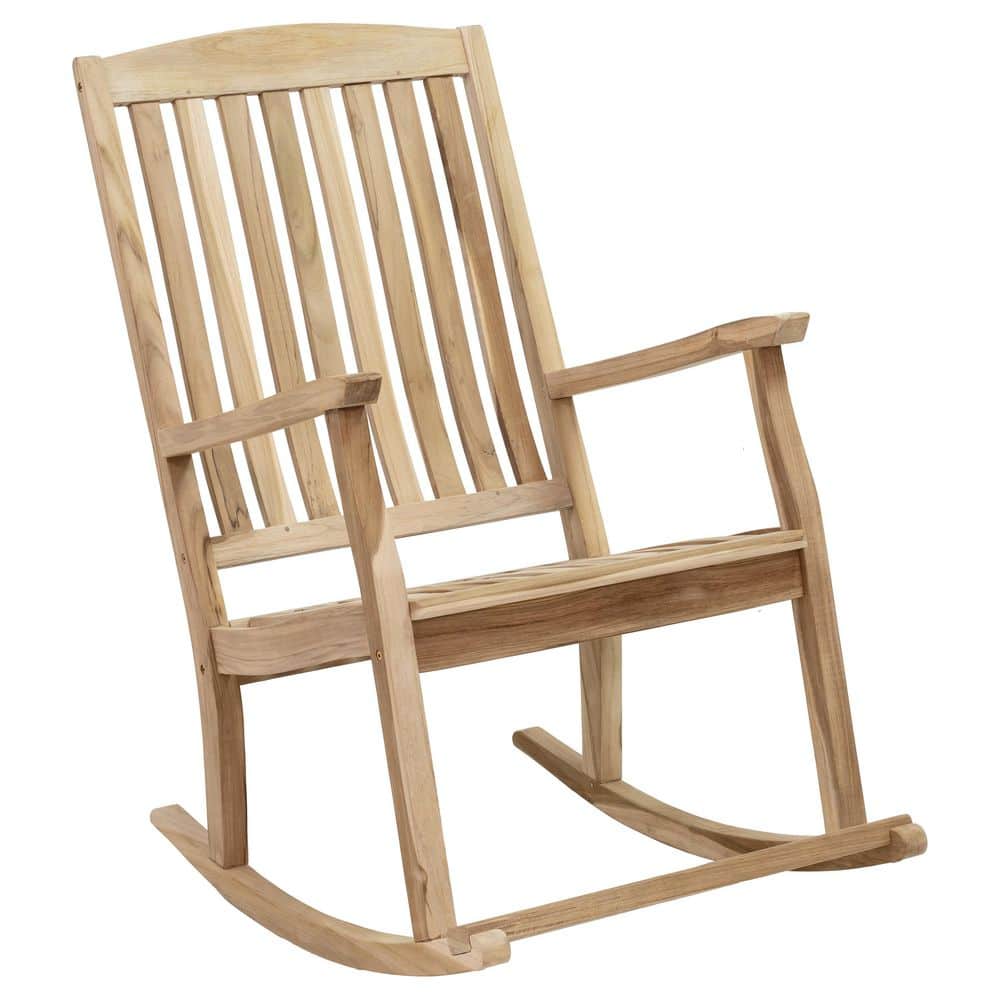 Teak wood outdoor rocking chair with high slatted back and curved rockers.