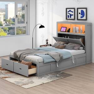 Gray Wood Frame Full Platform Bed with Side-Tilt Hydraulic Storage, Storage LED Headboard, USB Charging, 2-Drawers