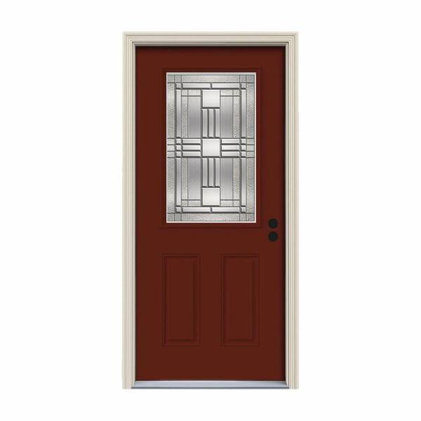 JELD-WEN 36 in. x 80 in. 1/2 Lite Cordova Mesa Red Painted Steel Prehung Left-Hand Inswing Front Door w/Brickmould