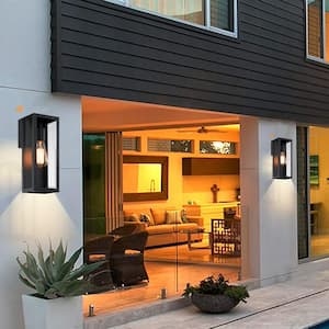 Cali 1-Light 13.15 in. Outdoor Dusk-To-Dawn Sensor Wall Light with Matte Black Finish and Clear Glass Shade (2-Pack)