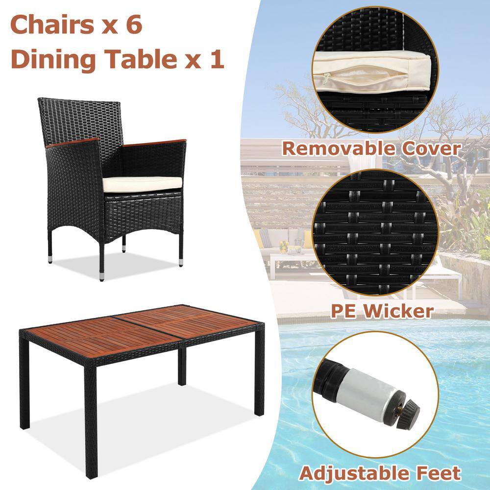 7-Piece Reddish-Brown Wood and Black Wicker Outdoor Dining Set with Beige Cushions