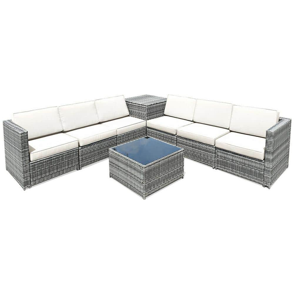 8-Piece Wicker Patio Conversation Set with White Cushions Storage Table and Coffee Table -  FORCLOVER, COWY-AWH65782