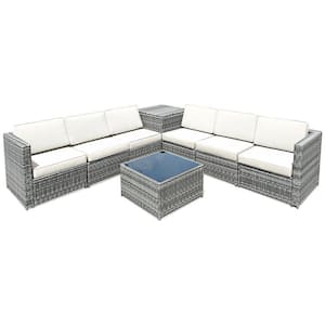 8-Piece Wicker Patio Conversation Set with White Cushions Storage Table and Coffee Table