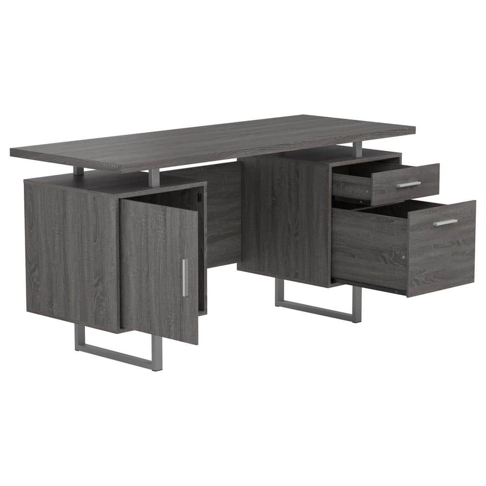 Weathered Gray Wood Executive Desk with Drawers and Filing Cabinet