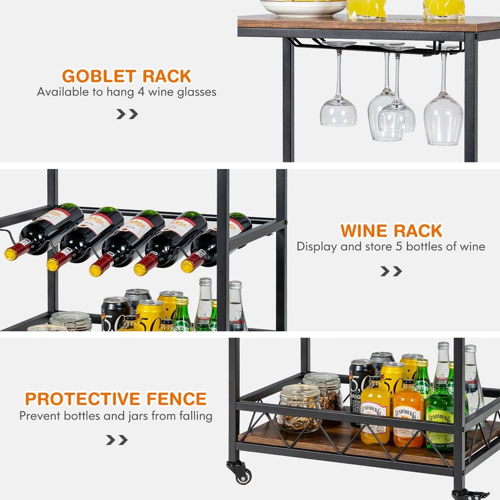 Rustic Brown and Black Rolling Bar Cart with Wine Rack