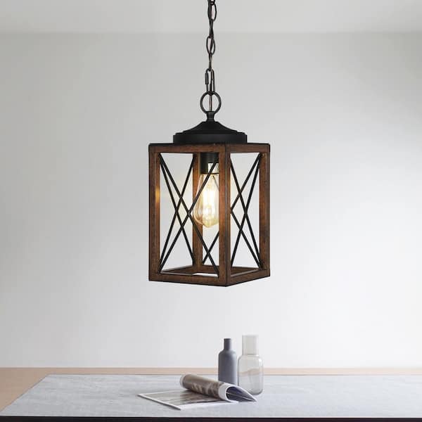 60-Watt 1-Light Adjustable Pipes Pendant Light with Bronze Wooden Grain Shade, No Bulbs Included