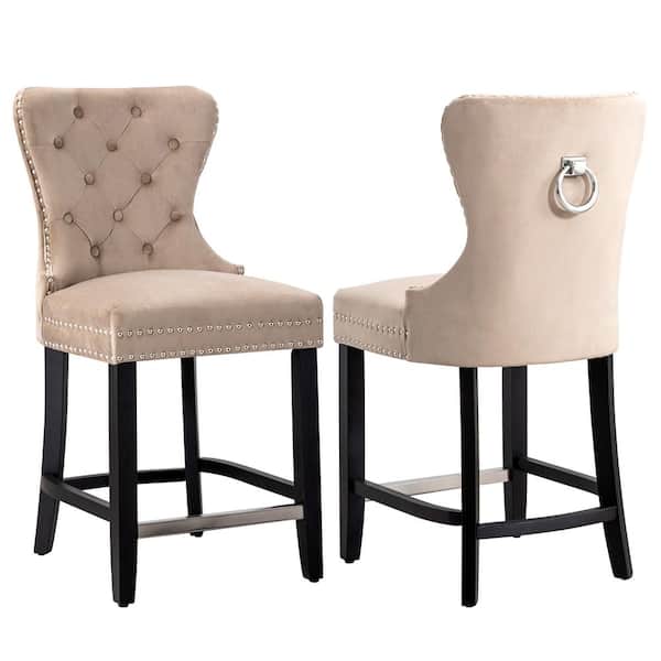 Harper 24 in. Taupe Velvet Tufted Wingback Kitchen Counter Stool with Black Solid Wood Frame (Set of 2)