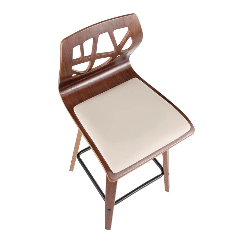 Mid-Century Modern Cream Leather Walnut Swivel Counter Stool - Set of 2