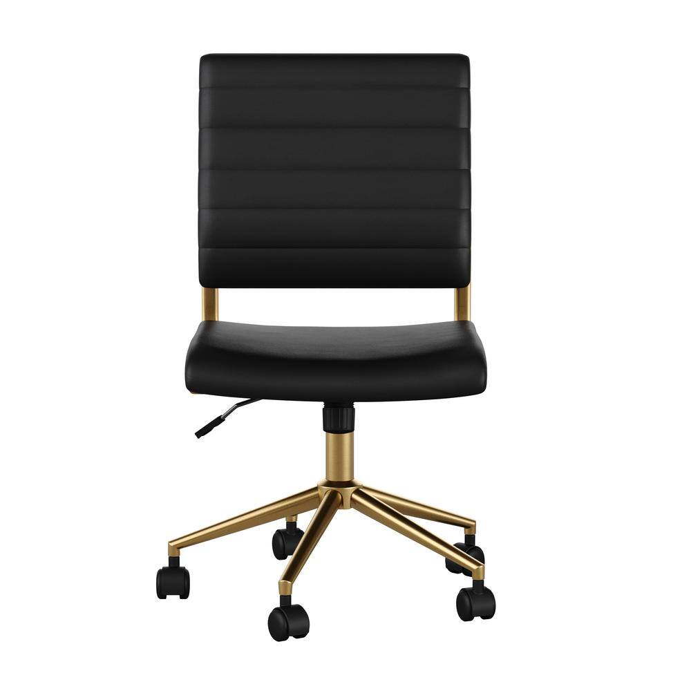 Black Faux Leather Armless Swivel Office Chair with Brass Frame