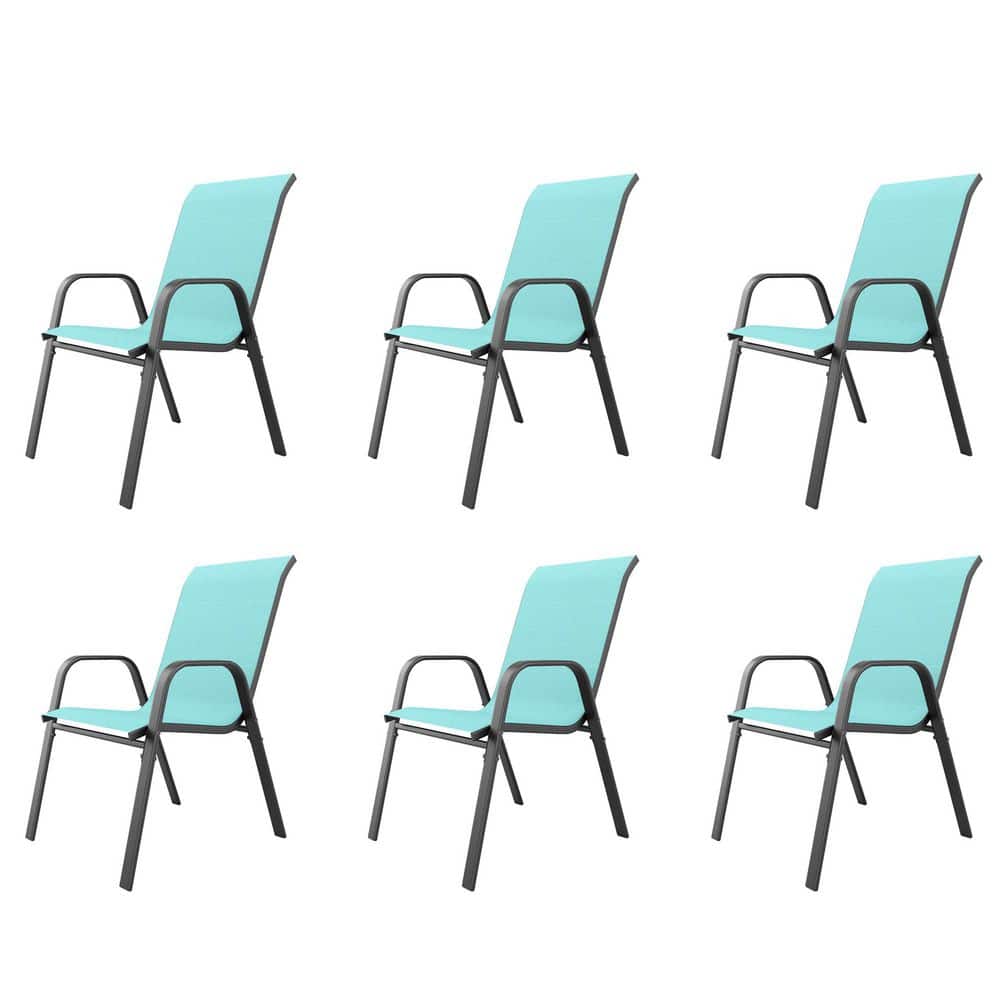 Powder-Coated Wide Ergonomic Seat Metal Frame Outdoor Dining Chair in Sky Blue Set of 6 durable construction price history on PriceWatchPro