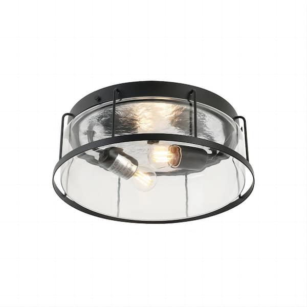 13 in. W 2-Light Flush Mount Indoor Drum Shape with Clear Glass Shade, Matte Black (Bulb Not Included)