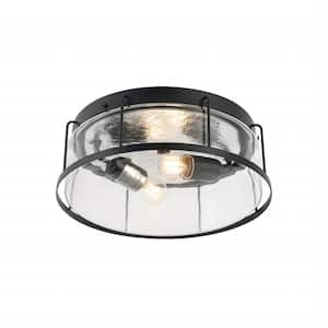 2-Light flush mount Indoor drum shape Matte Black + Clear Glass Ceiling Light