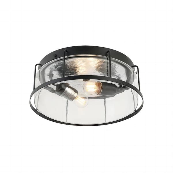 Jushua 2-Light flush mount Indoor drum shape Matte Black + Clear Glass Ceiling Light