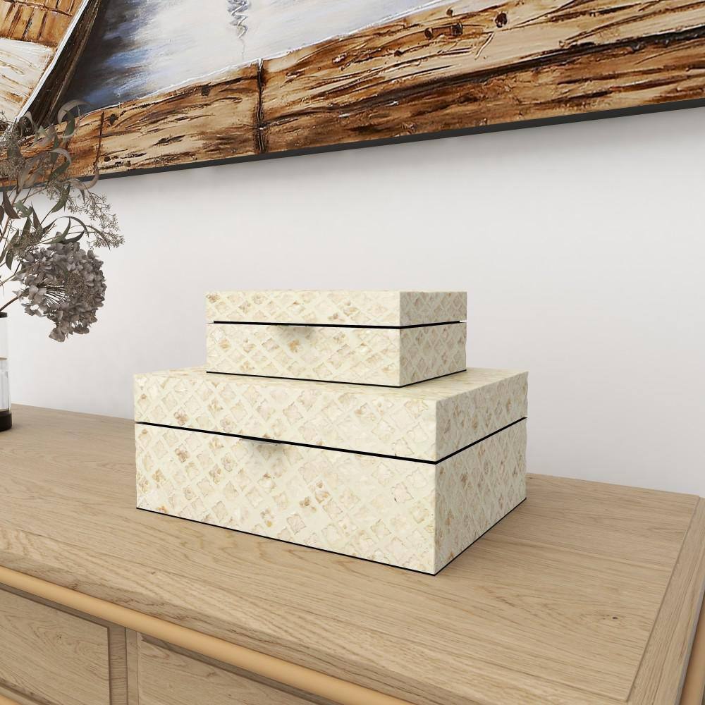 Set of 2 Cream Mother of Pearl Shell Decorative Boxes