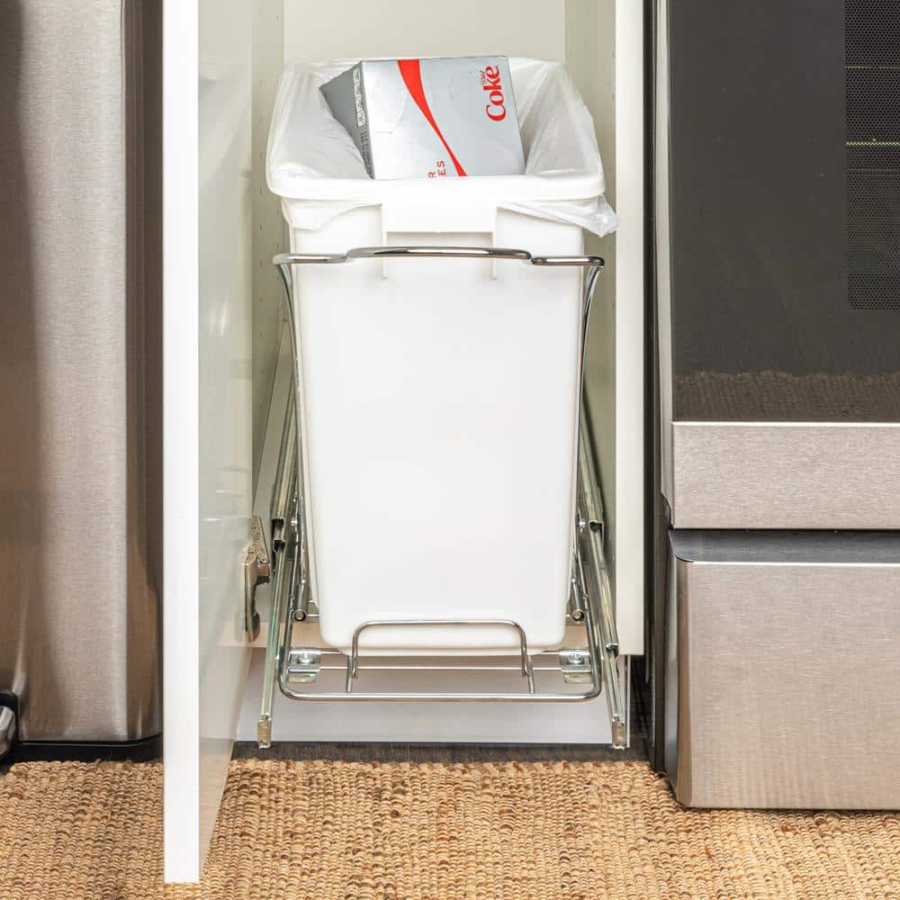 White Plastic Pull-Out Trash Can with Chrome Base