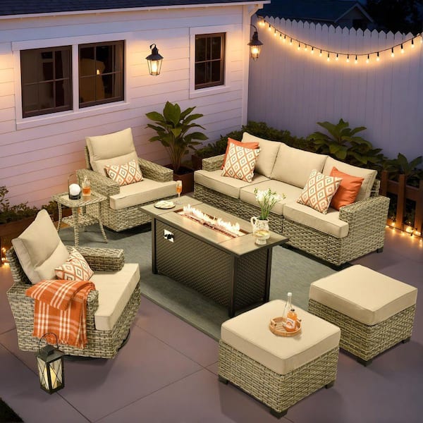 Torino Gray 9-Piece Wicker Outdoor Patio Conversation Deep Sofa Seating Set with Metal Fire Pit and Beige Cushions