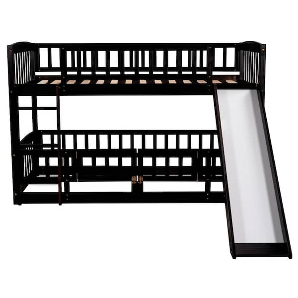 STICKON Brown Espresso Twin Over Twin Wood Low Bunk Bed with Slide