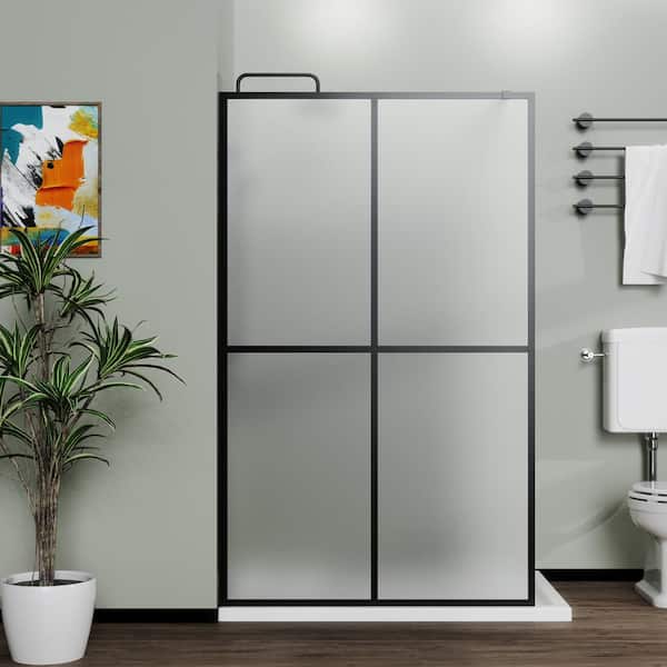 JimsMaison 34 in. W x 72 in. H Fixed Framed Shower Door in Black with Frosted Glass