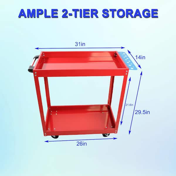 Tidoin 2 Tier Red Rolling Mechanic Tool Cart, Heavy Duty Steel