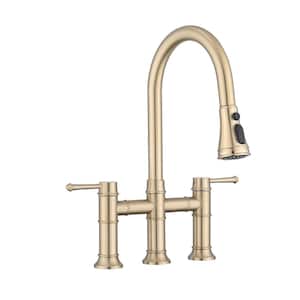 Double Handle Pull-Down Bridge Kitchen Faucet with 3-Spray Patterns and 360 Degrees Rotation Spout in Brushed Gold