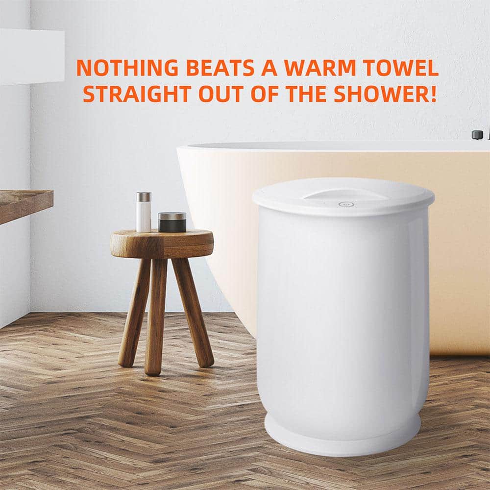 White Freestanding Electric Towel Warmer with Bamboo Handle