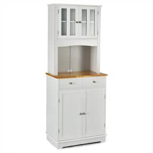 White Kitchen Pantry Cabinet with Wood Top and Hutch