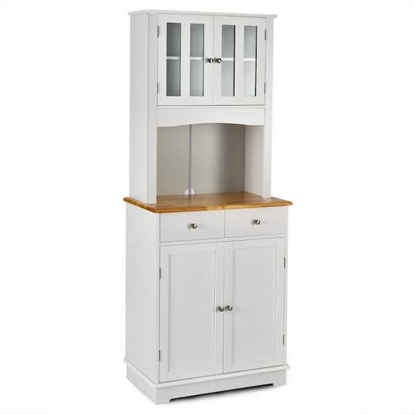 ANGELES HOME White Kitchen Pantry Cabinet with Wood Top and Hutch