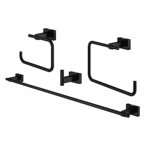4-Piece Bath Hardware Set Towel Ring, Robe Hook, Toilet Paper Holder and 24 in Towel Rail Included in Matte Black