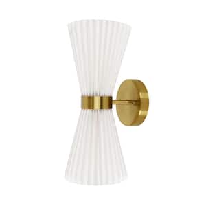 Amore 6 in. 2 Lights Pleated Wall Sconce in Brass with White Linen Shade