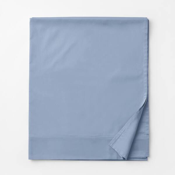 The Company Store Company Cotton Sateen Extra Deep Solid Ice Blue Cotton Oversized Queen 350 Thread Count Flat Sheet