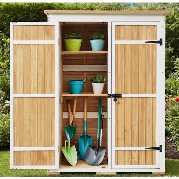 48.6 in. W x 25.2 in. D x 65.7 in. H Natural Wood Outdoor Storage Cabinet with Lockable Doors, Storage Shed for Tools