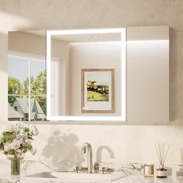 48 in. W x 32 in. H Rectangular Silver LED Light Anti-Fog Aluminum Recessed/Surface Mount Medicine Cabinet with Mirror