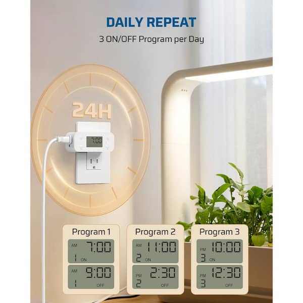 2-Pack 24-Hour Programmable Digital Electrical Chronologic Timers for Indoor Lamp Fan Aquarium, 1-Grounded Outlet