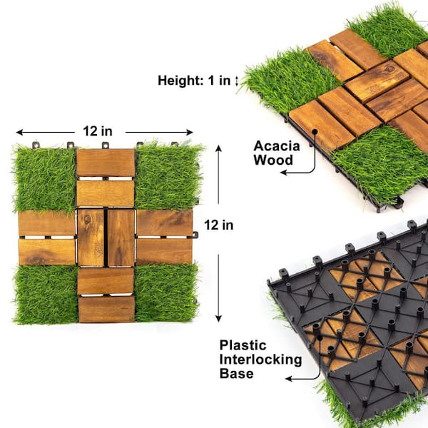 12 in. x 12 in. Acacia Wood Interlocking Deck Tile Tufted Grass 20-Pins, Brown, 10-Pack Covering 10 sq. ft.