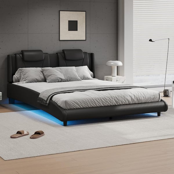 Qualler Black Wood Frame Full Size Platform Bed with LED Light and Adjustable Headboard