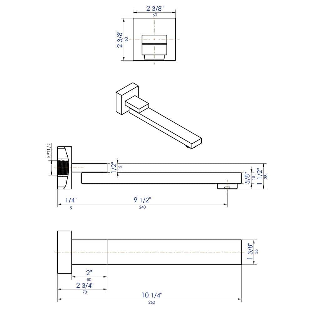 Brushed Nickel Square Folding Wall-Mount Tub Spout