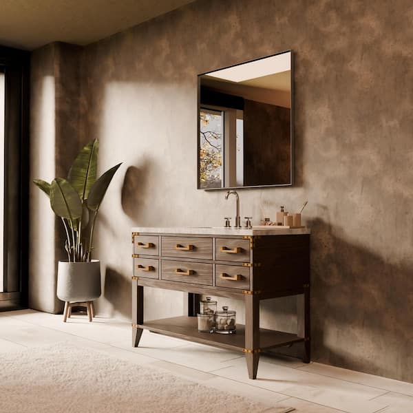 Irvington 48 in W x 22 in D Brown Oak Single Bath Vanity, Carrara Marble Top, Faucet Set, and 46 in Mirror