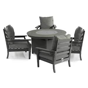 Vail 48 in. (W) x 25 in. (H) Gray5-Piece Round HDPE Firepit Conversation Set with Gray Polyester Cushions