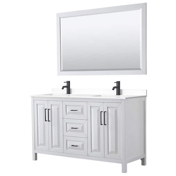Wyndham Collection Daria 60 in. W x 22 in. D x 35.75 in. H Double Bath Vanity in White with White Cultured Marble Top and 58 in. Mirror